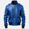 Men's Blue Leather Bomber Jacket — Aviator Ribbed Style