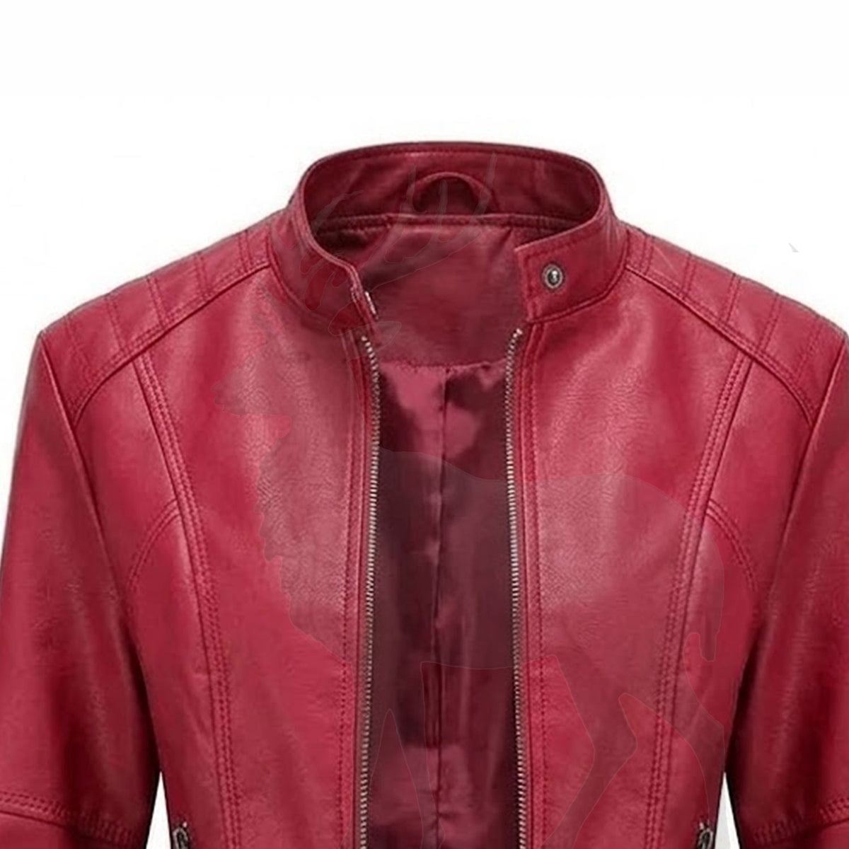 Close up stand collar of women’s red leather moto jacket