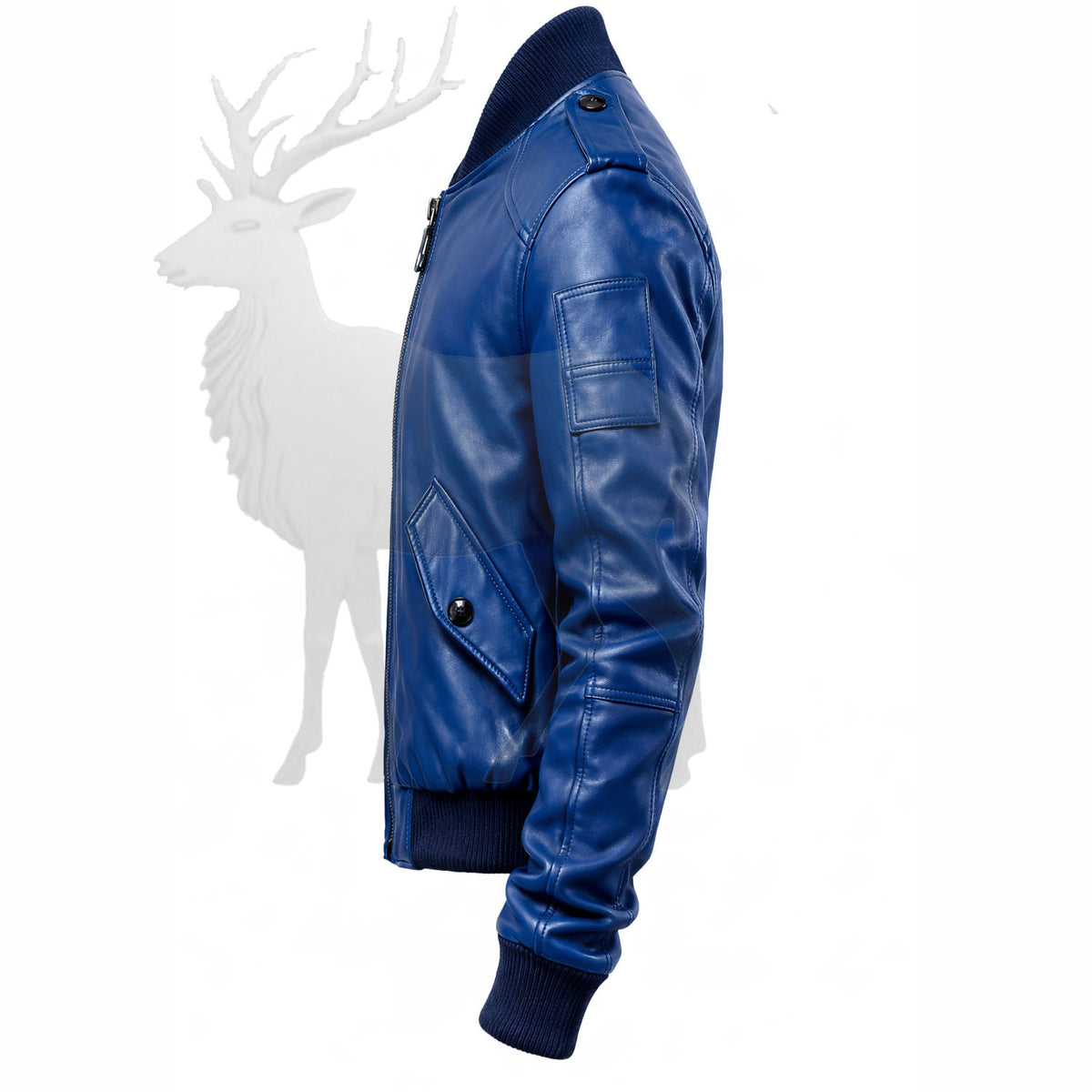Men’s blue leather bomber jacket side view