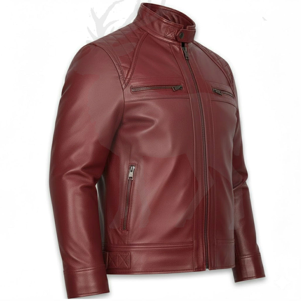 Men’s red leather jacket side view
