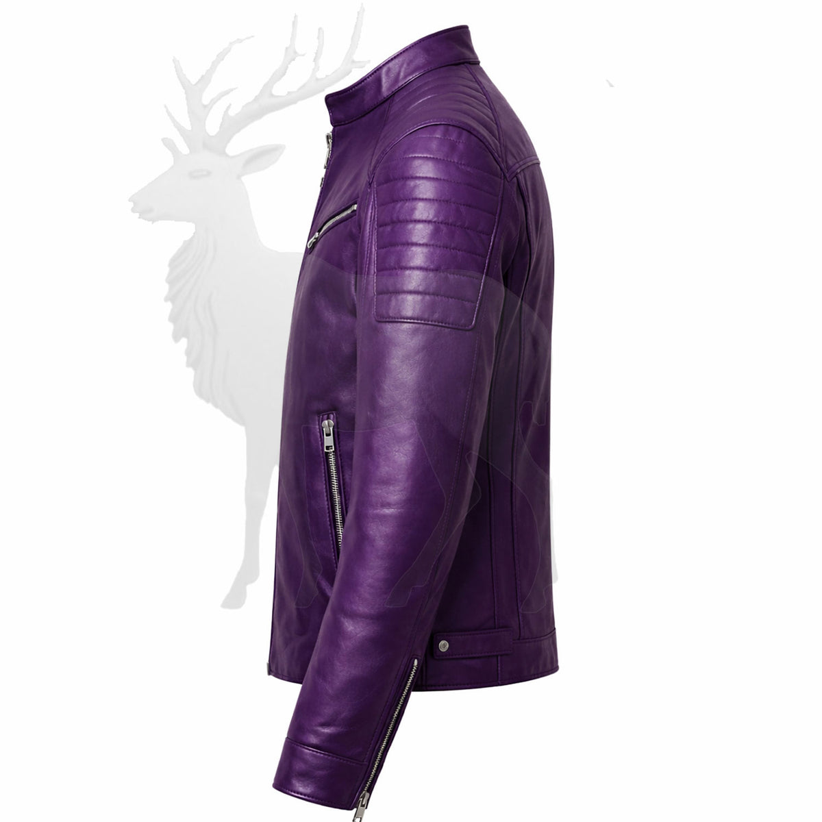 Women’s purple leather jacket side view