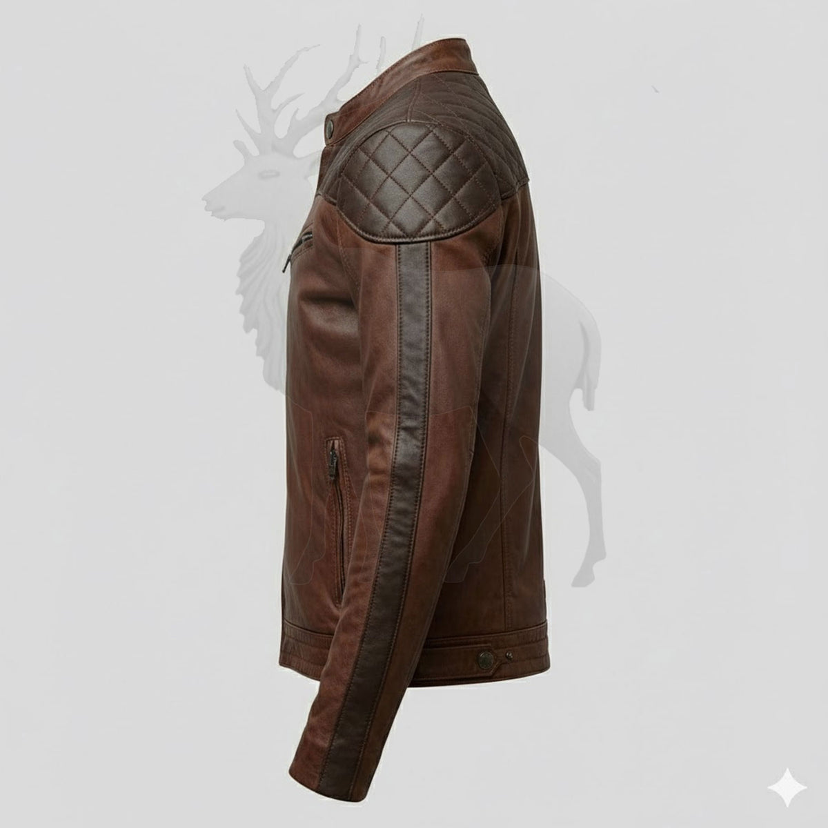 Men’s brown leather biker jacket side view