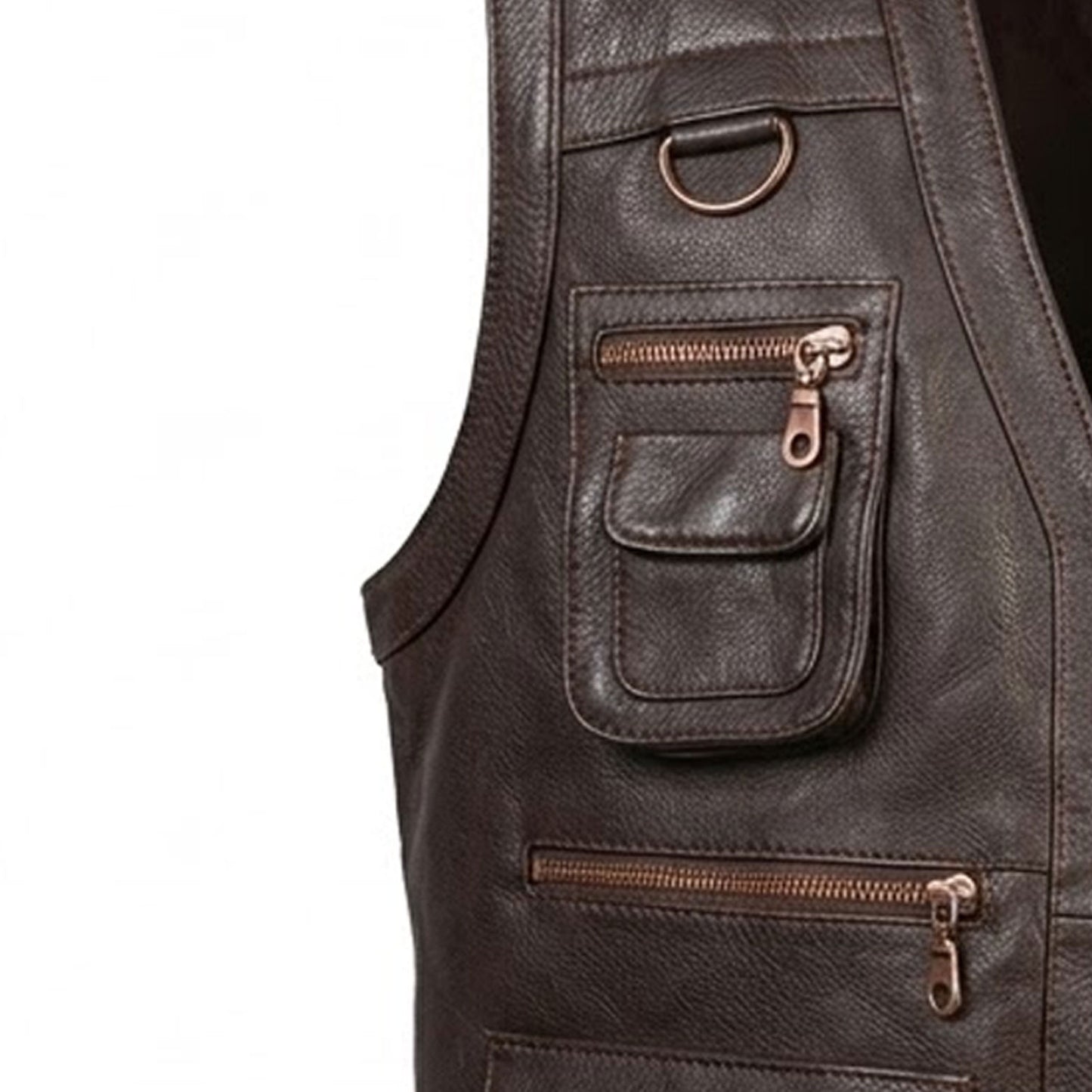Close-up of utility flap pocket on a men's dark brown full grain cowhide leather vest