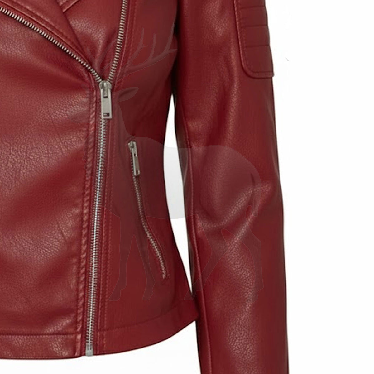 Close up zip pocket detail on women’s red leather biker jacket