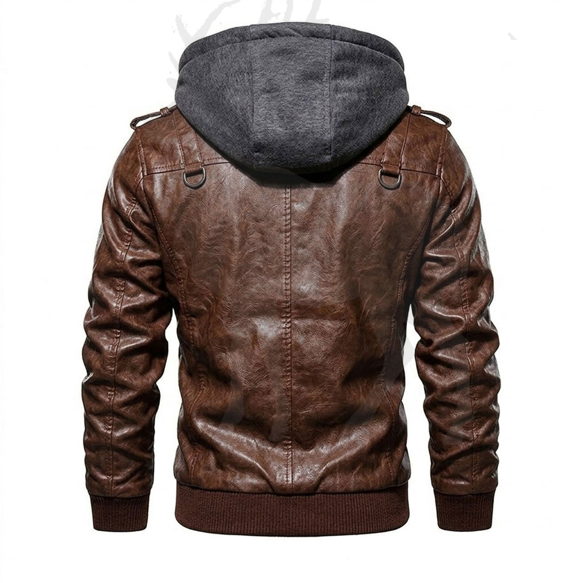 Men’s brown leather jacket back view