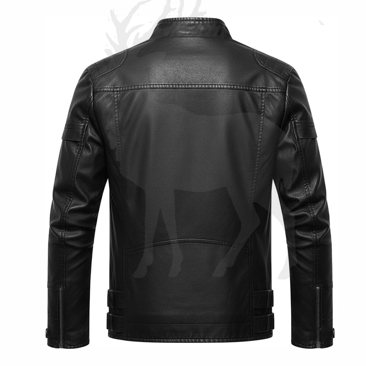 Men’s black leather jacket back view