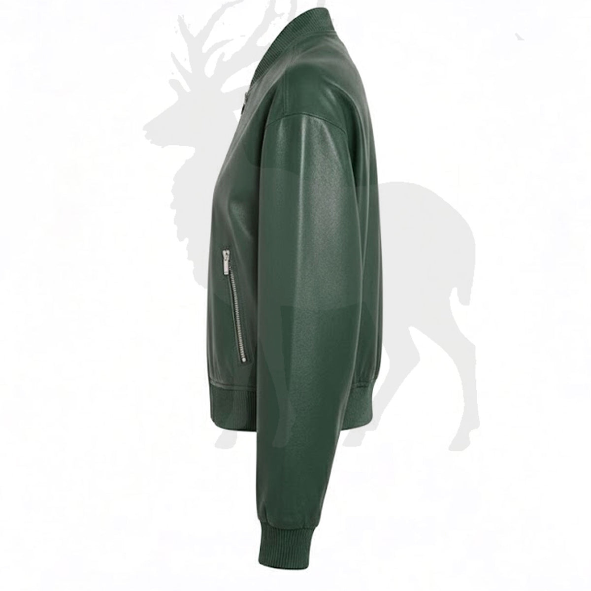 Green leather bomber jacket side view