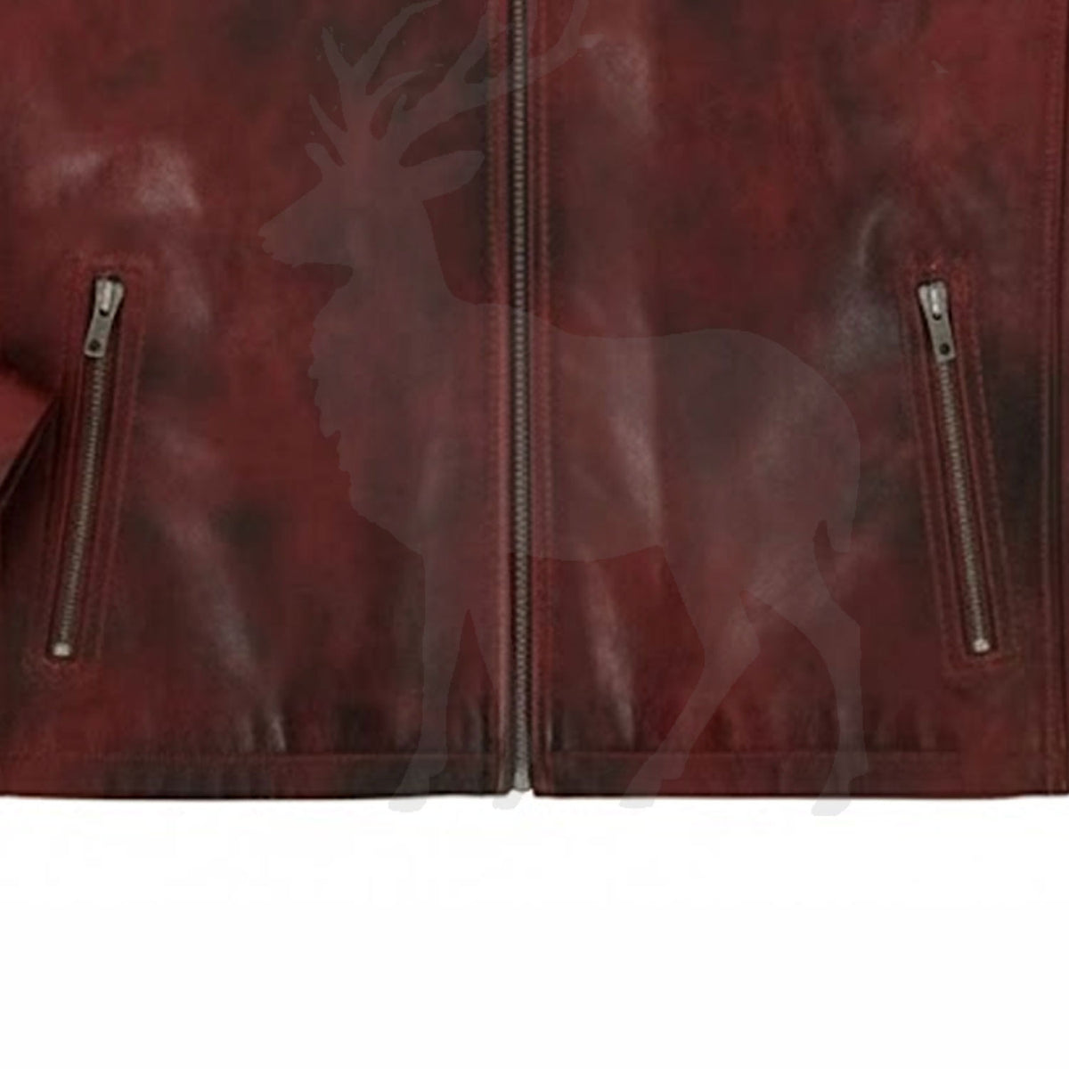 Close up lower zipper detail on men’s brown distressed genuine leather cafe racer biker jacket