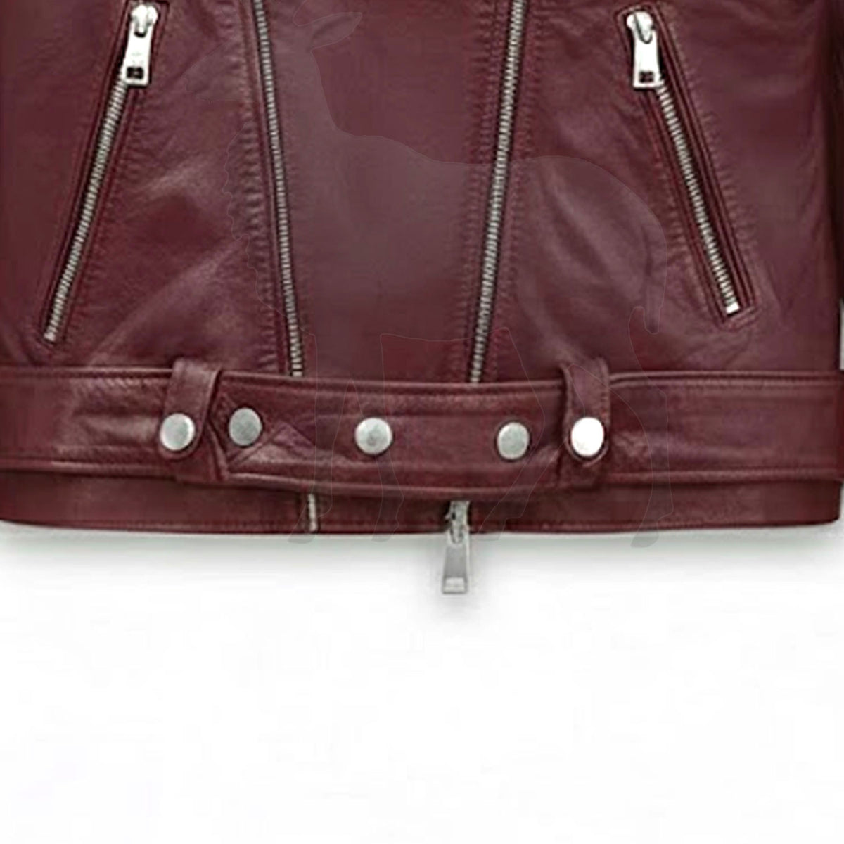 Close up asymmetrical lower zipper detail on women’s burgundy leather biker jacket
