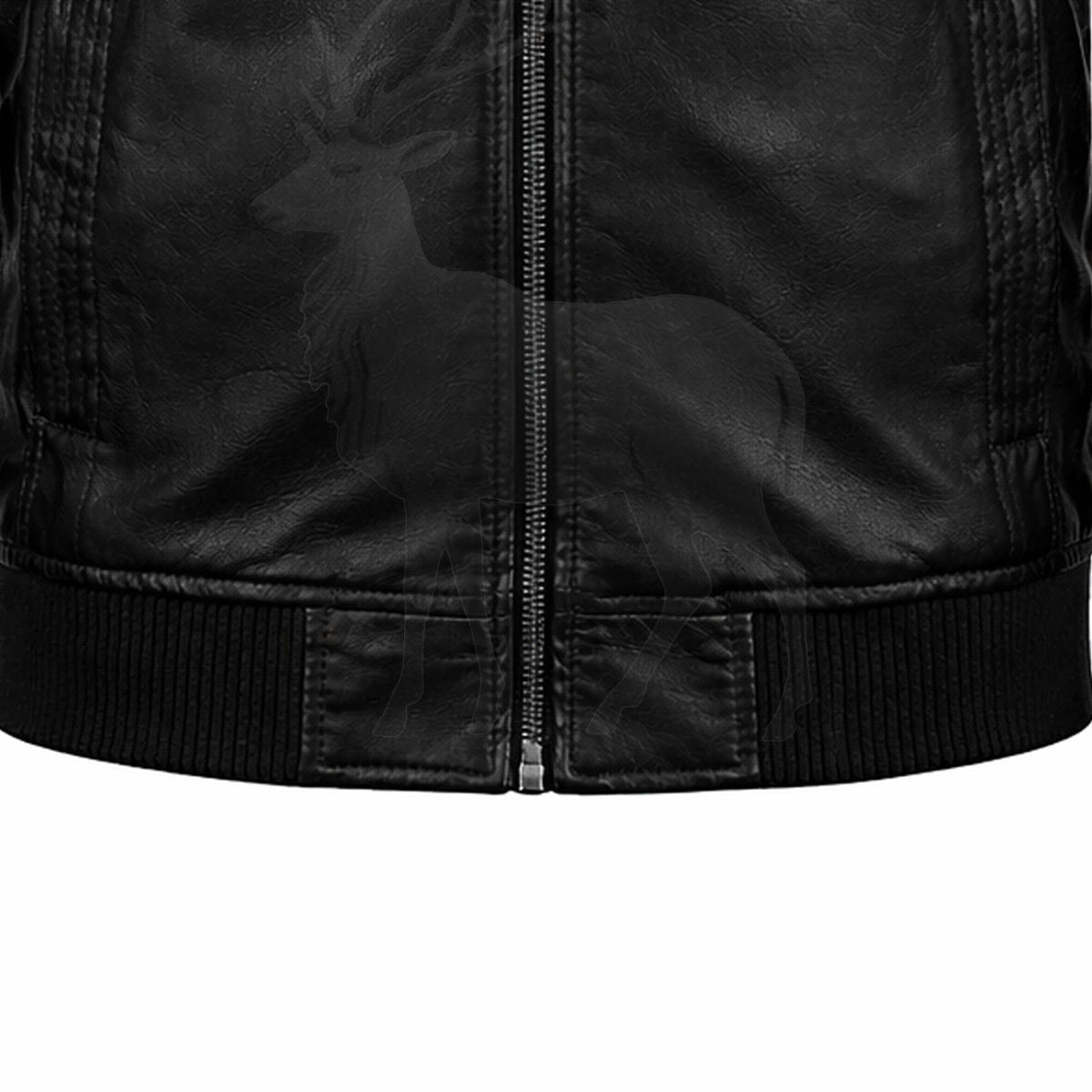 Close up ribbed waistband on men’s black leather bomber jacket