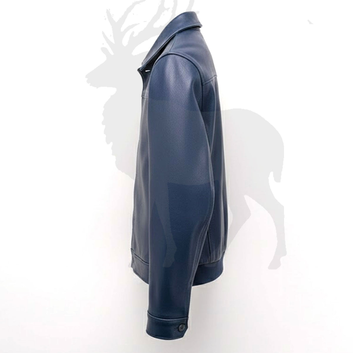 Men’s blue leather jacket side view