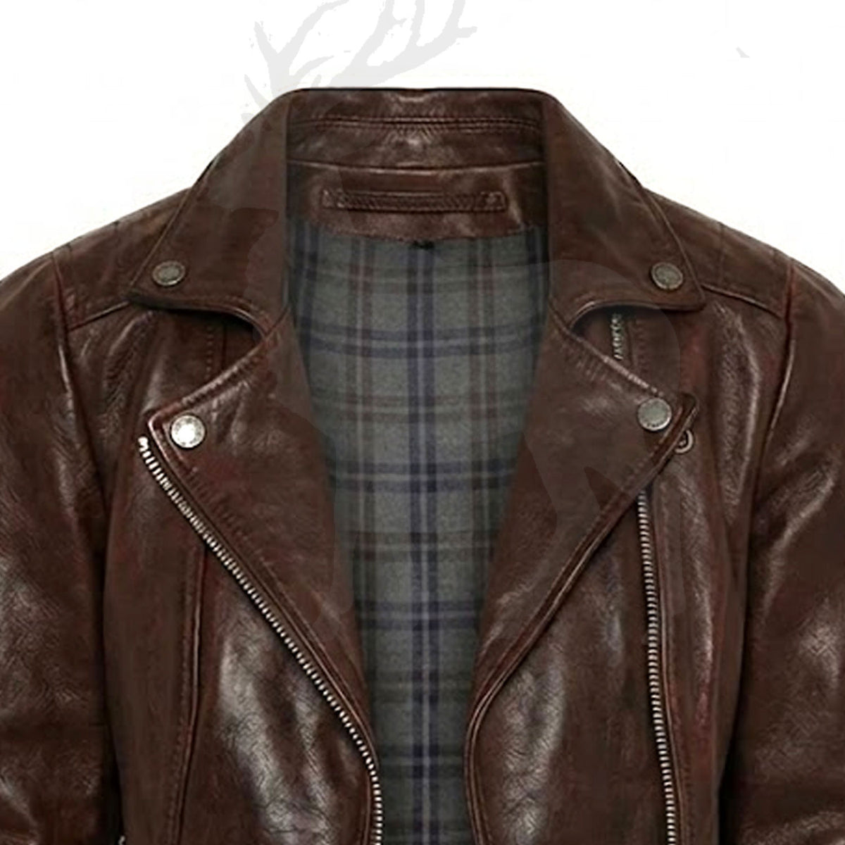 Close up biker collar of brown leather jacket