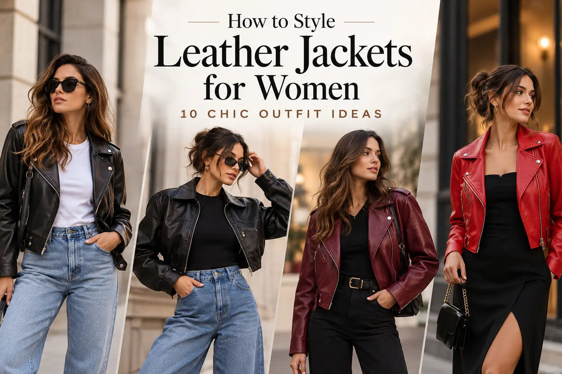 Women's leather jacket outfit ideas featuring black cropped, burgundy and red biker jackets styled with jeans and dresses
