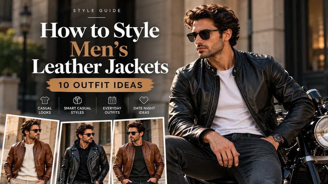 Men's leather jacket styling guide with 10 casual and smart casual outfit ideas