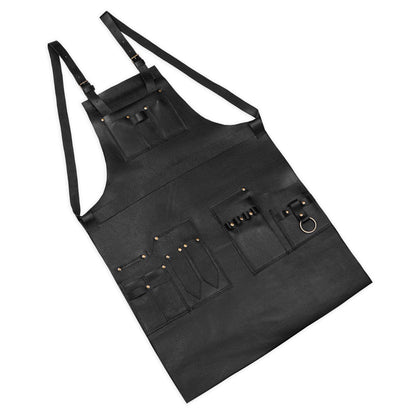 Angled shot of leather barber shop apron details