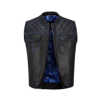 Blue diamond stitched cowhide MC club vest front view