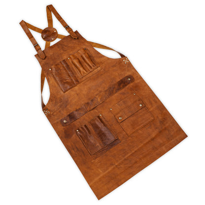 Angled view of custom leather shop apron showing pocket placement