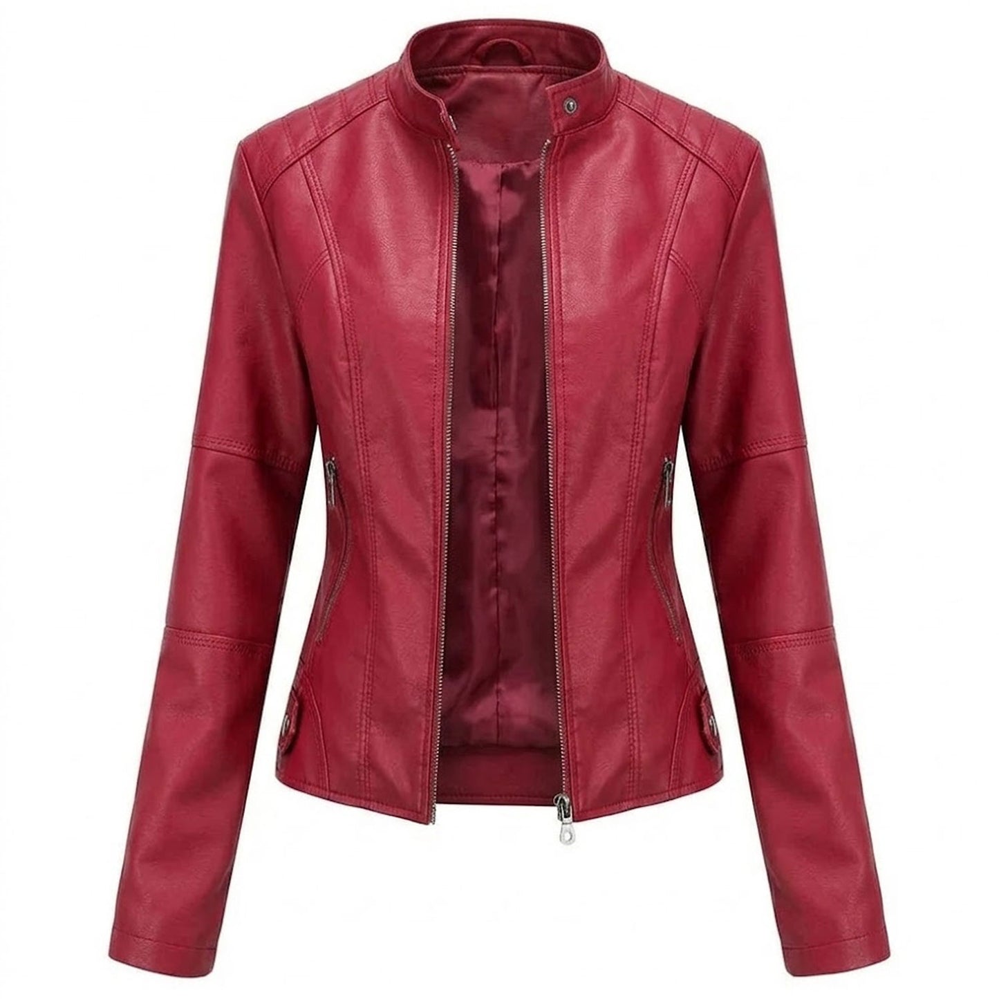Women’s red leather jacket front view slim fit moto style minimalist zip up design stand collar premium genuine leather jacket