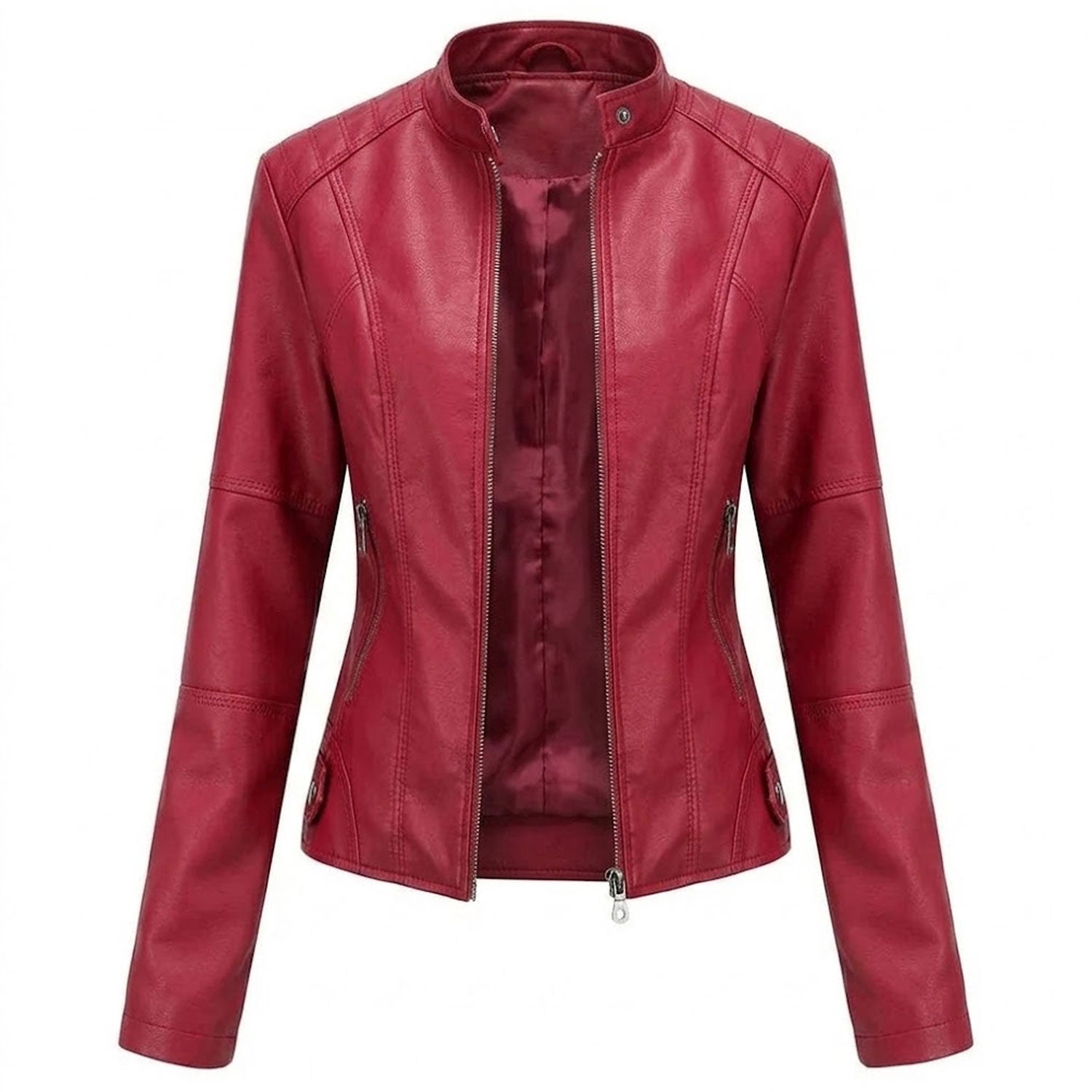 Women’s red leather jacket front view slim fit moto style minimalist zip up design stand collar premium genuine leather jacket