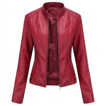 Women’s red leather jacket front view slim fit moto style minimalist zip up design stand collar premium genuine leather jacket