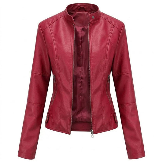 Women’s red leather jacket front view slim fit moto style minimalist zip up design stand collar premium genuine leather jacket