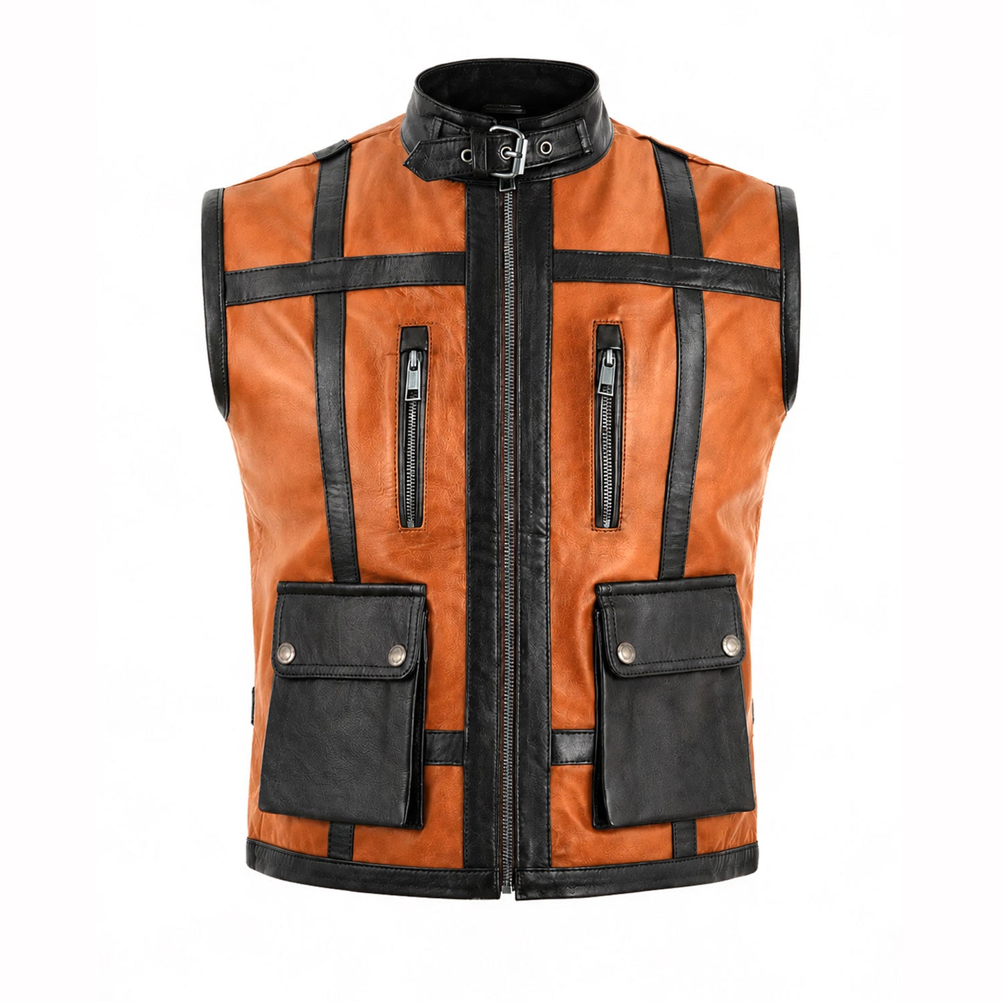 Men's cognac utility leather vest front view