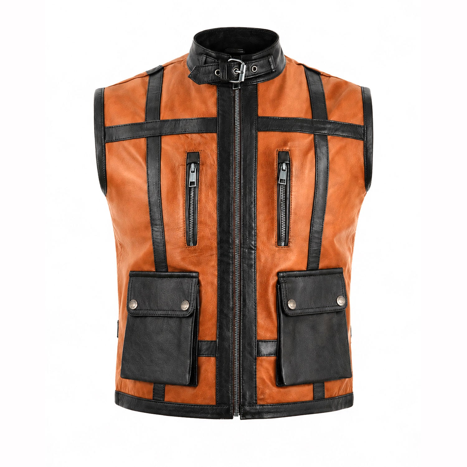 Men's cognac utility leather vest front view