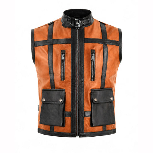 Men's cognac utility leather vest front view