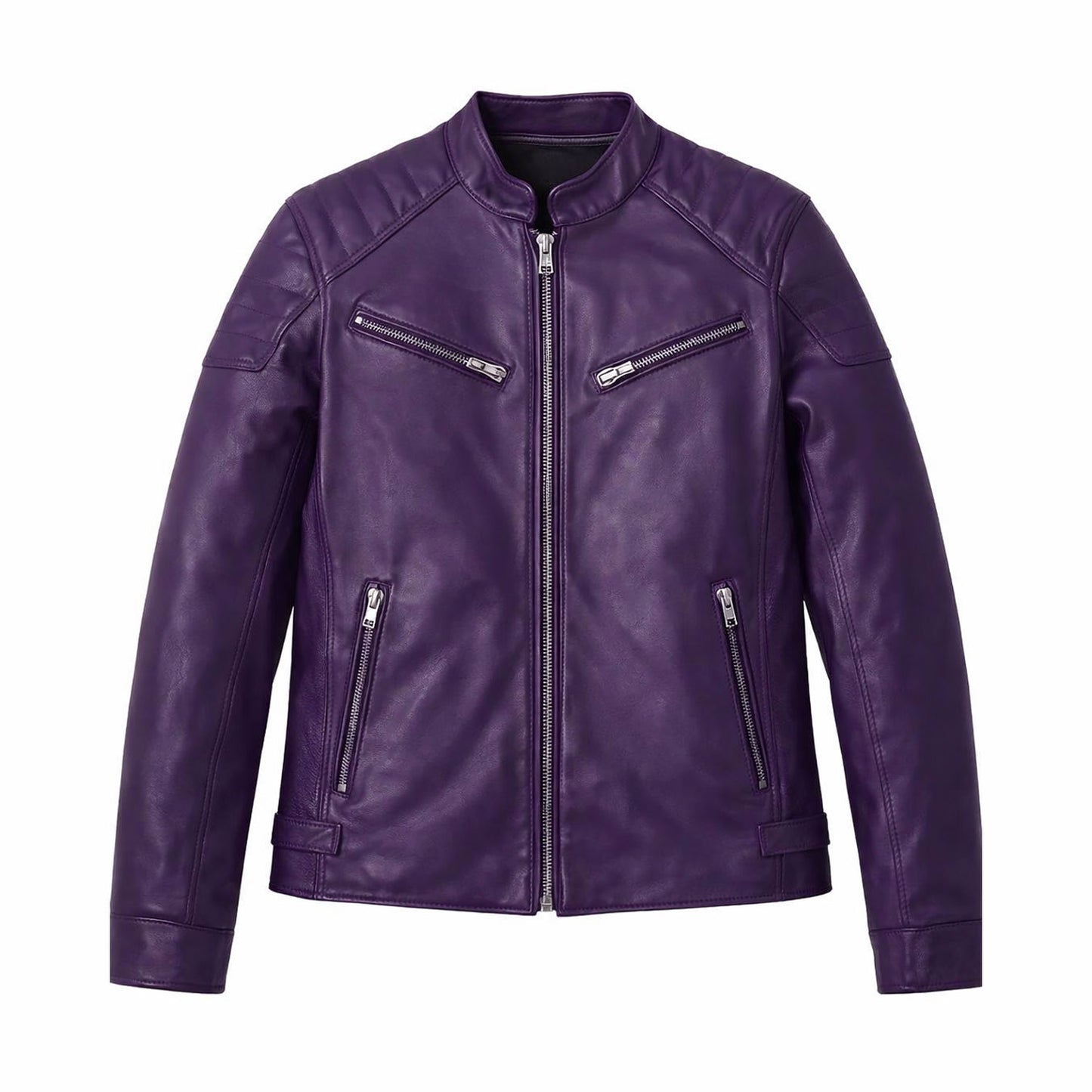 Women’s purple leather jacket front view slim fit moto biker style stand collar zip up design premium genuine leather