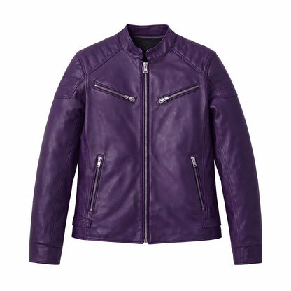 Women’s purple leather jacket front view slim fit moto biker style stand collar zip up design premium genuine leather