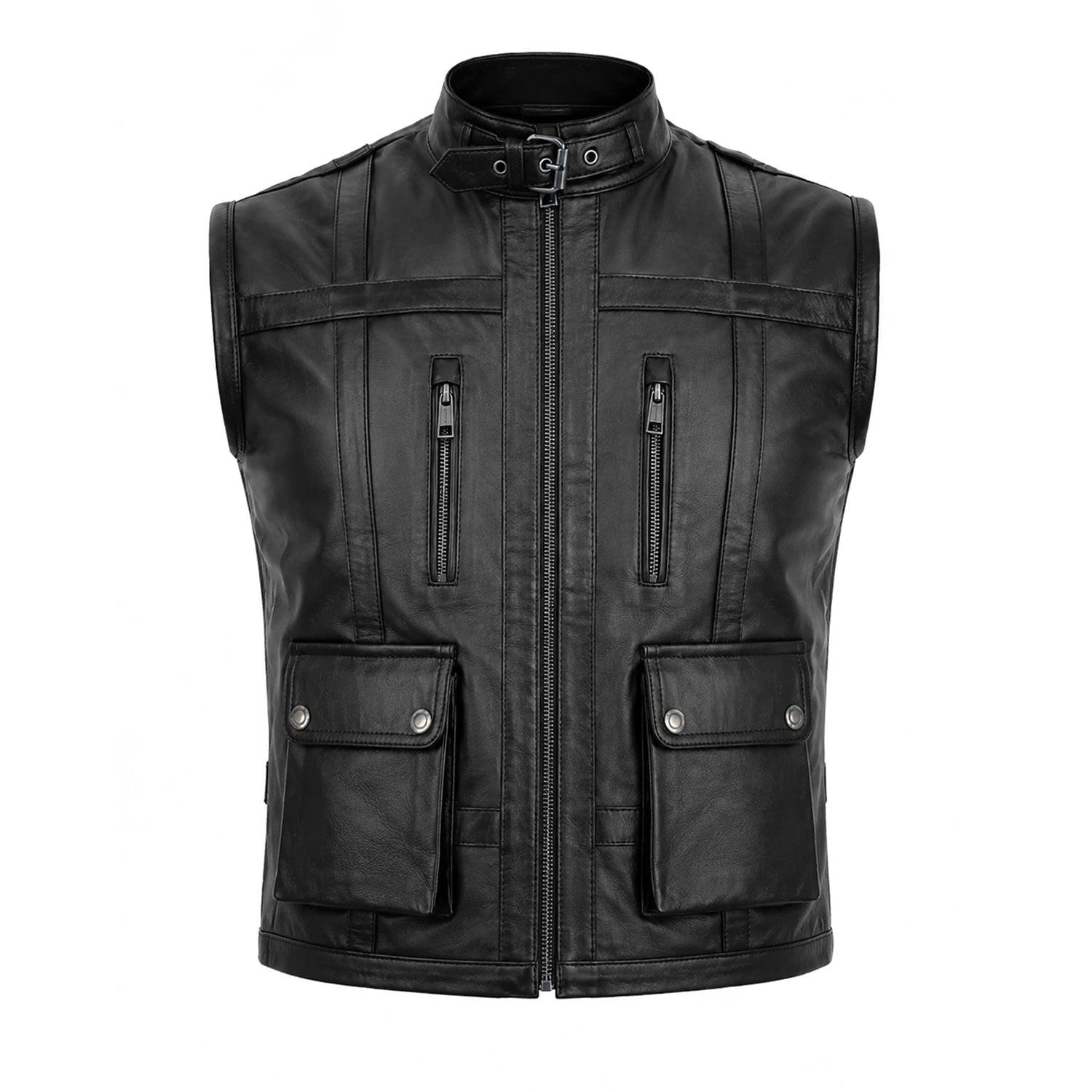 Men's black utility leather vest front view
