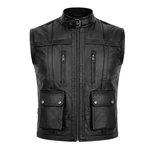 Men's black utility leather vest front view