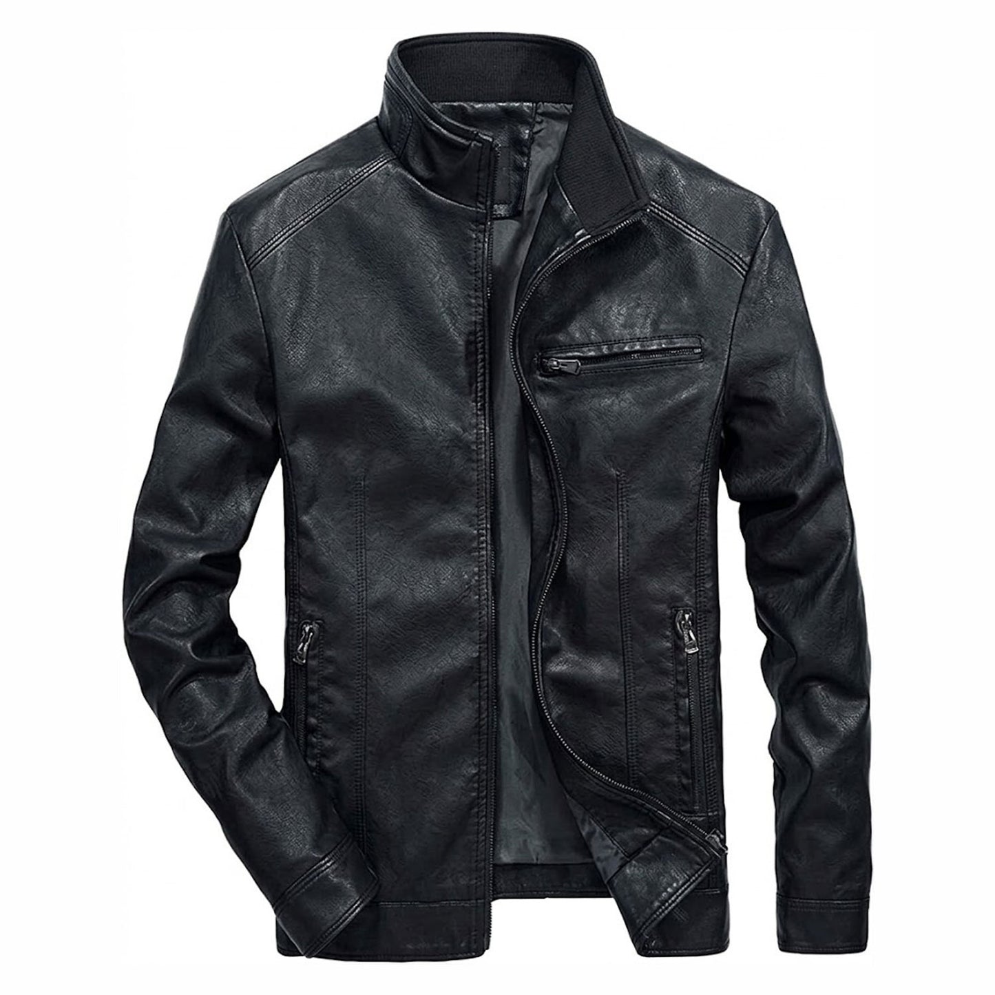 Men’s black leather jacket front view slim fit moto style minimalist zip up design stand collar premium genuine leather jacket