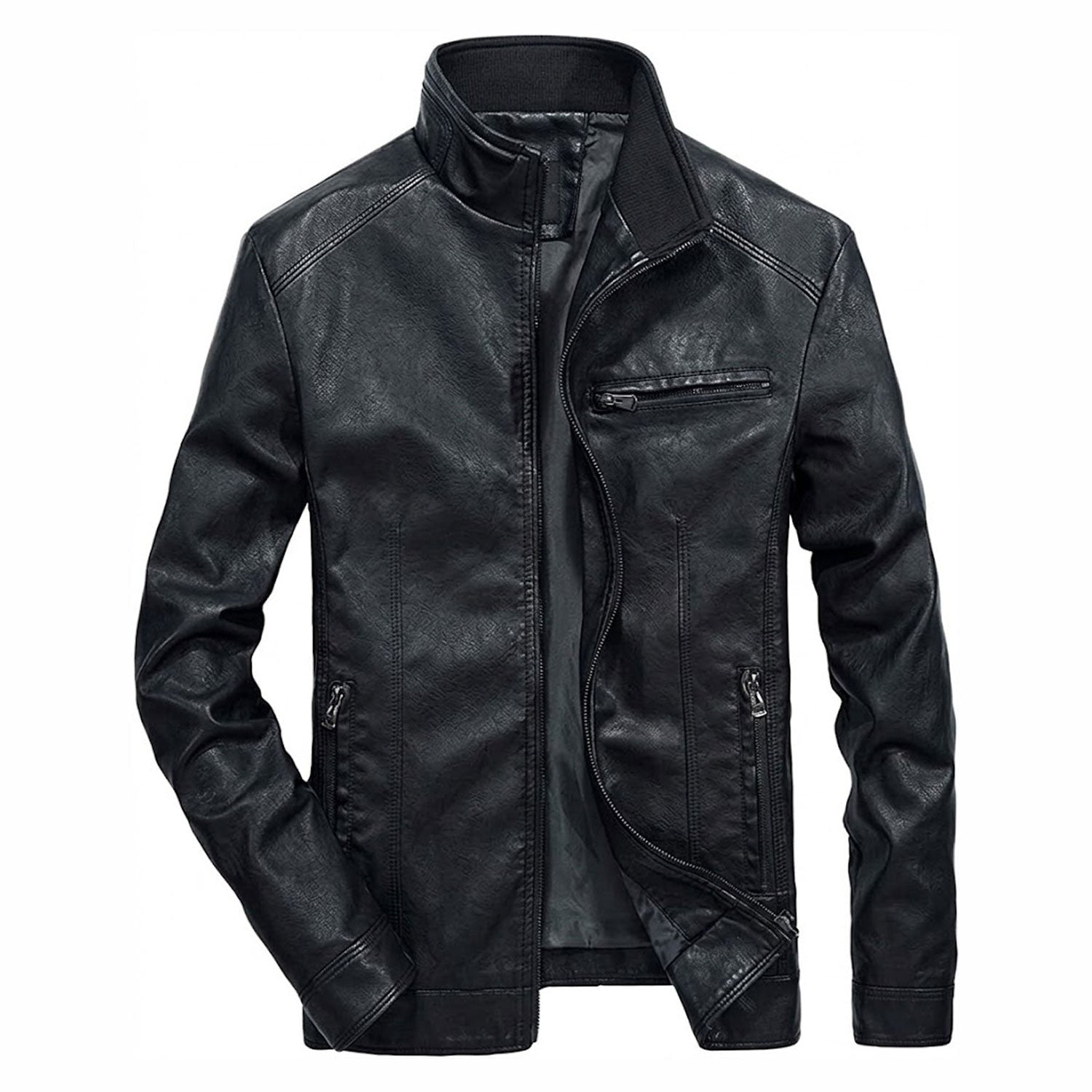 Men’s black leather jacket front view slim fit moto style minimalist zip up design stand collar premium genuine leather jacket