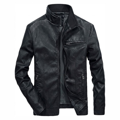 Men’s black leather jacket front view slim fit moto style minimalist zip up design stand collar premium genuine leather jacket