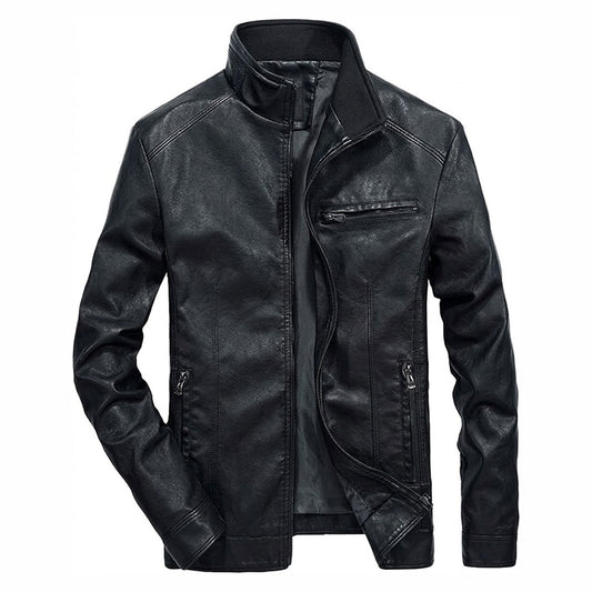 Men’s black leather jacket front view slim fit moto style minimalist zip up design stand collar premium genuine leather jacket