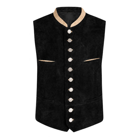 Men's black suede Prince wedding vest front view