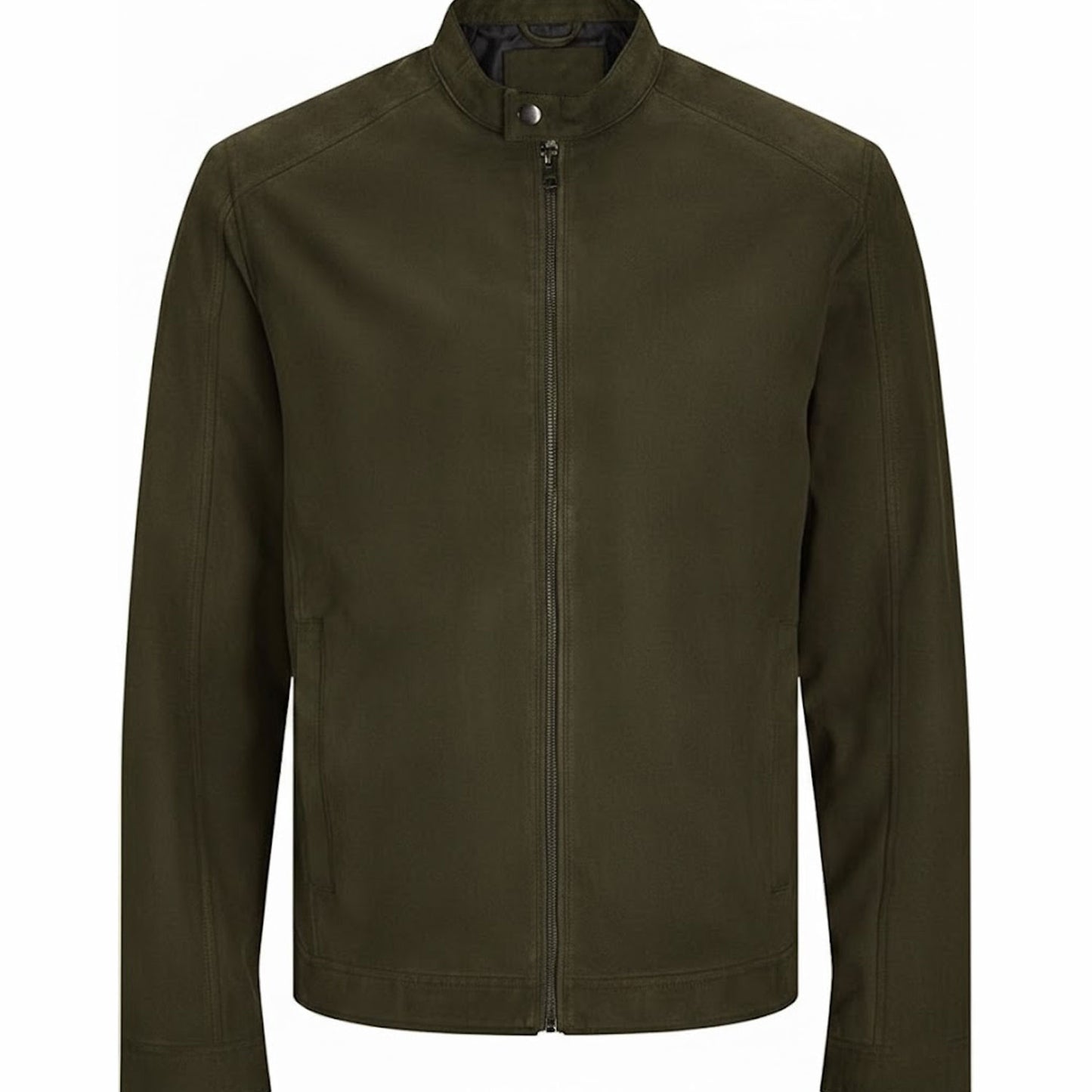 Men’s olive green leather jacket front view slim fit minimalist biker style zip up design stand collar genuine leather