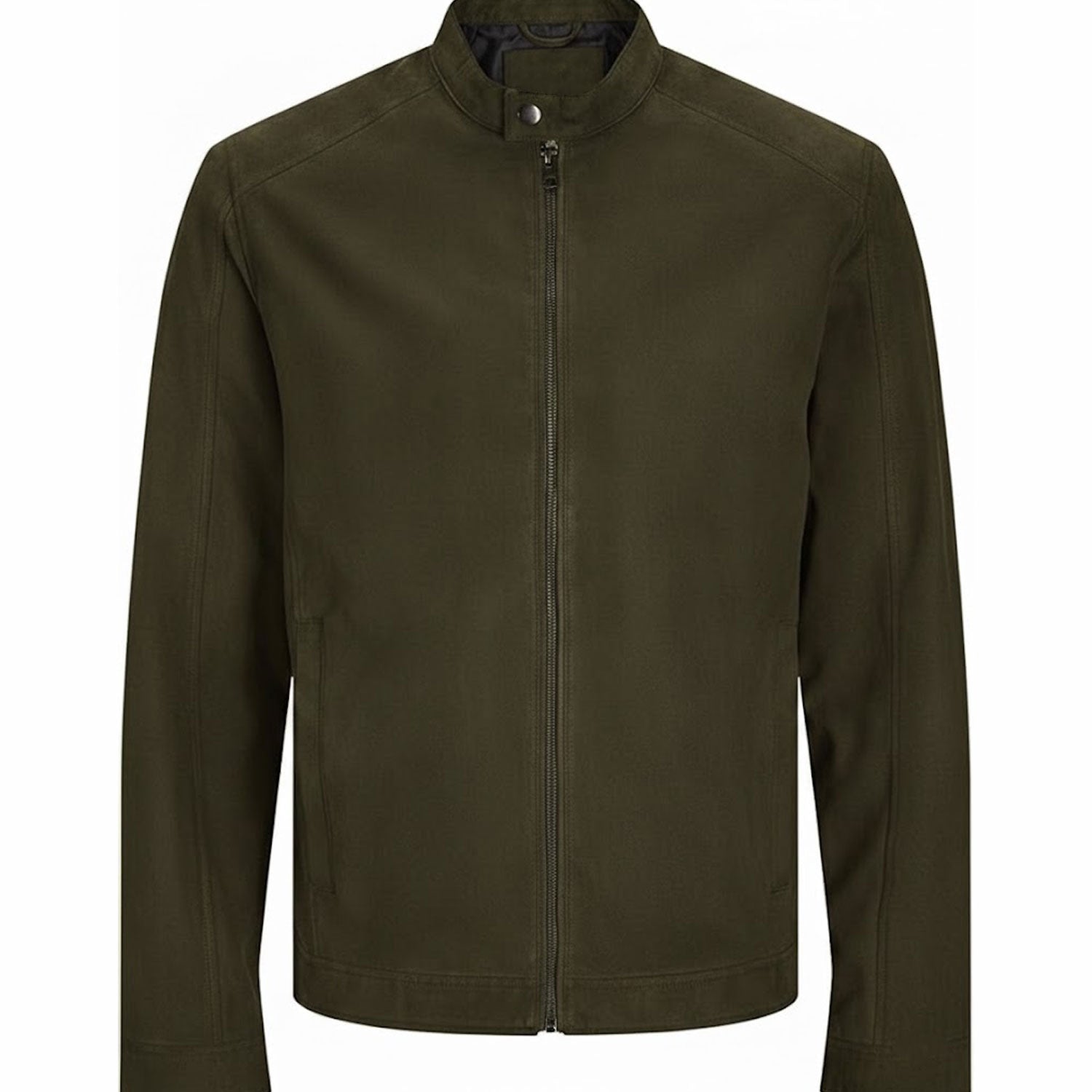 Men’s olive green leather jacket front view slim fit minimalist biker style zip up design stand collar genuine leather