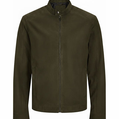 Men’s olive green leather jacket front view slim fit minimalist biker style zip up design stand collar genuine leather