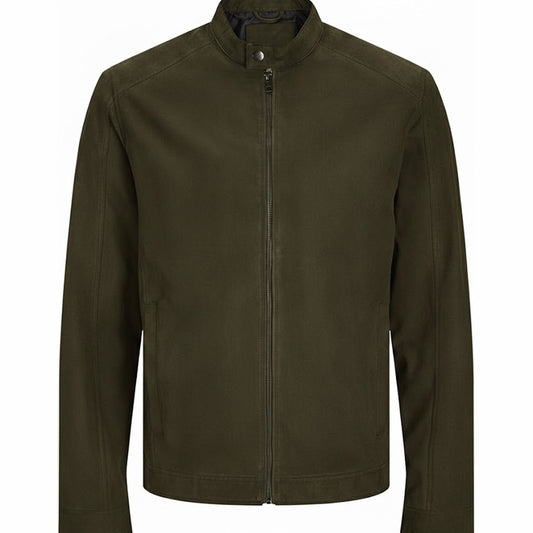 Men’s olive green leather jacket front view slim fit minimalist biker style zip up design stand collar genuine leather