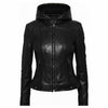 Women's Black Hooded Leather Moto Jacket — Cropped Style