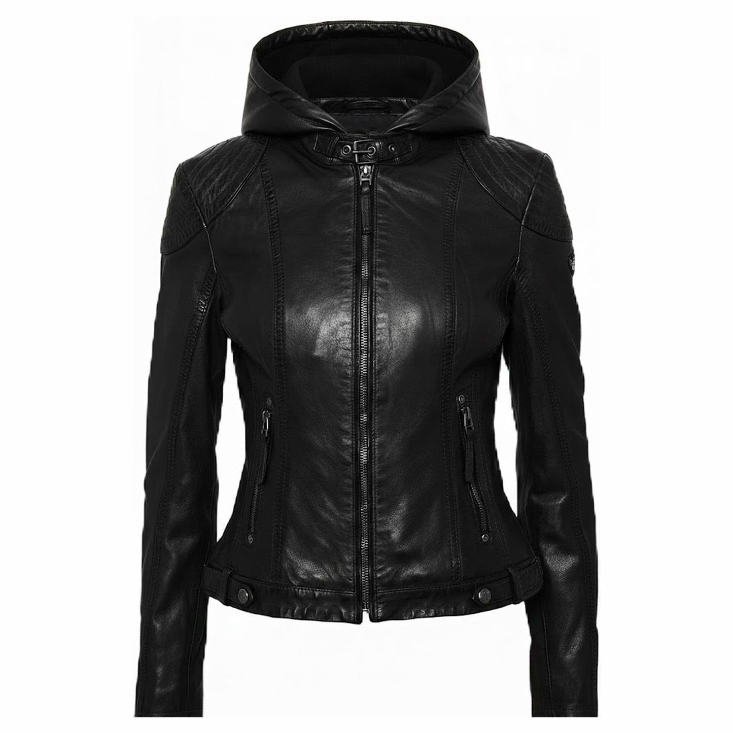 Women’s black hooded leather jacket front view slim fit biker style cropped moto design quilted shoulders premium leather