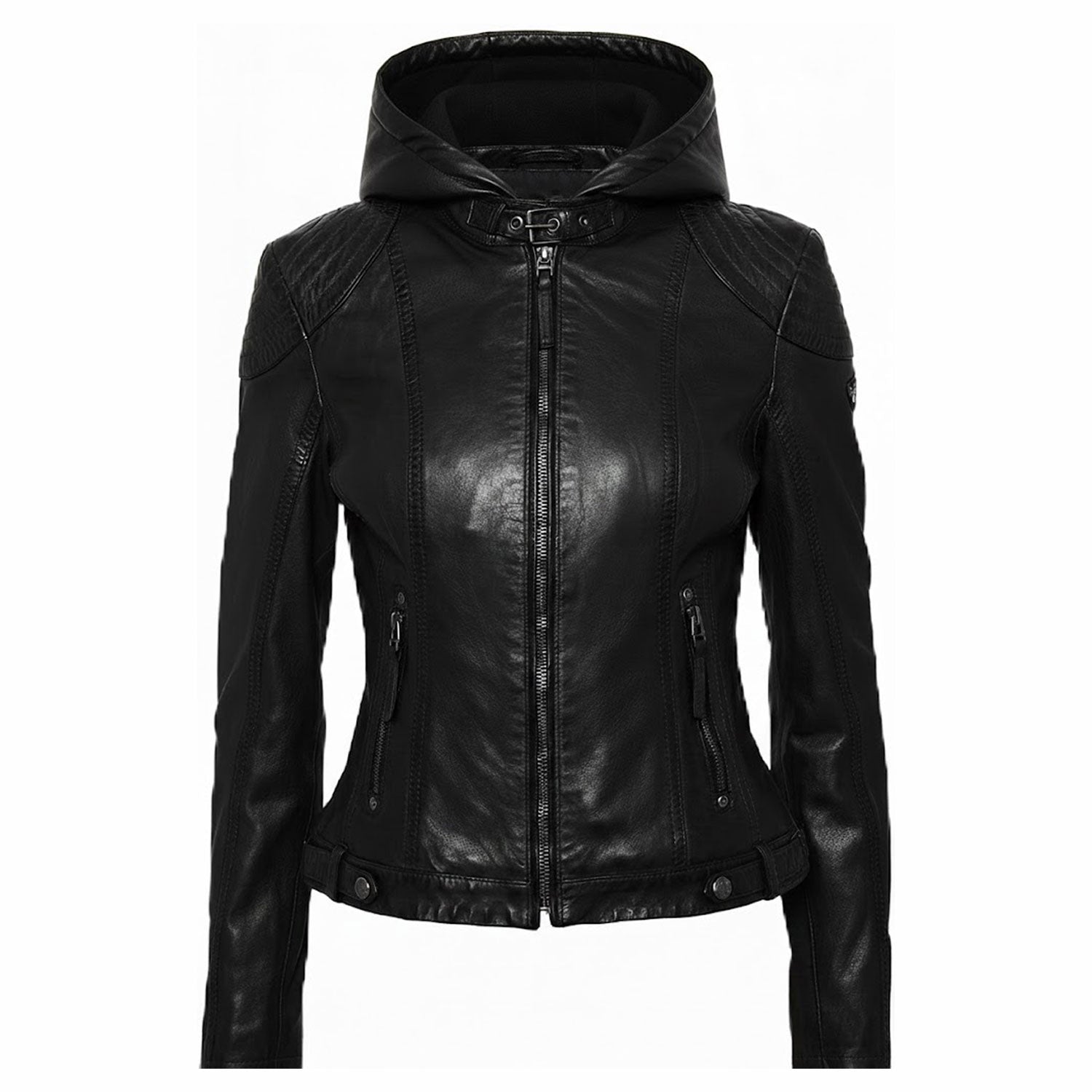 Women’s black hooded leather jacket front view slim fit biker style cropped moto design quilted shoulders premium leather