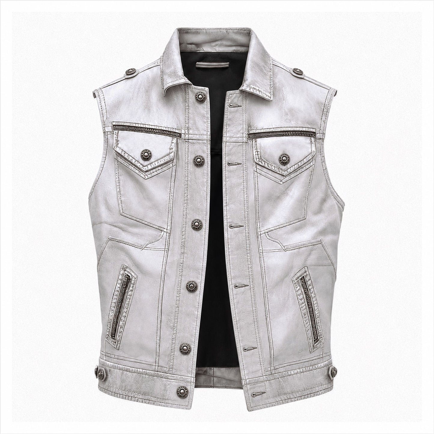Men's ice white leather MC vest front view