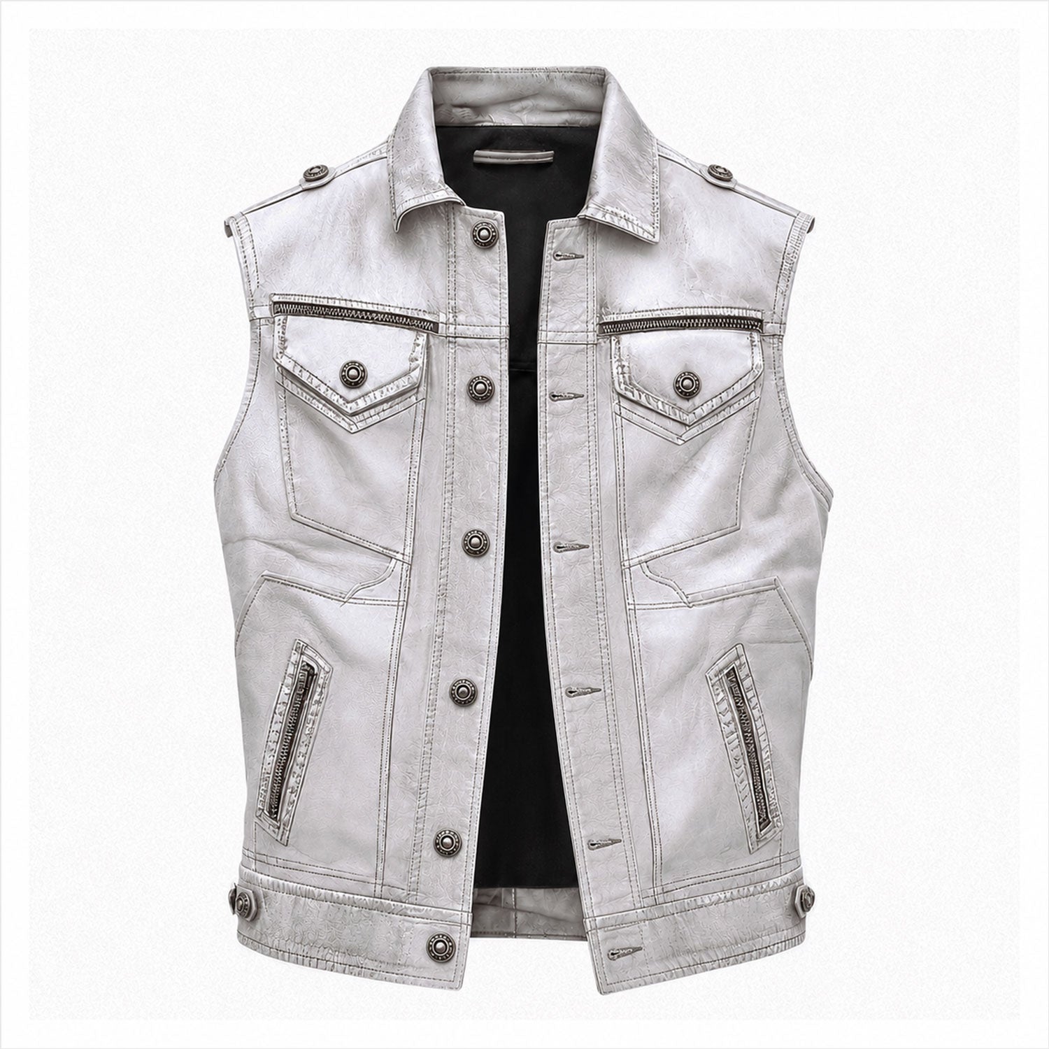 Men's ice white leather MC vest front view