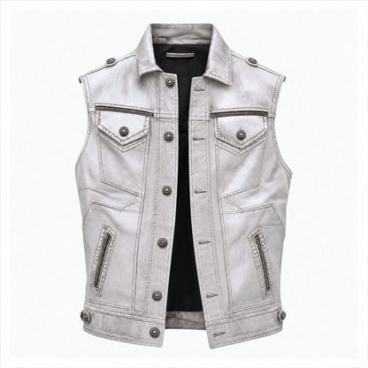 Men's ice white leather MC vest front view