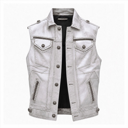 Men's ice white leather MC vest front view