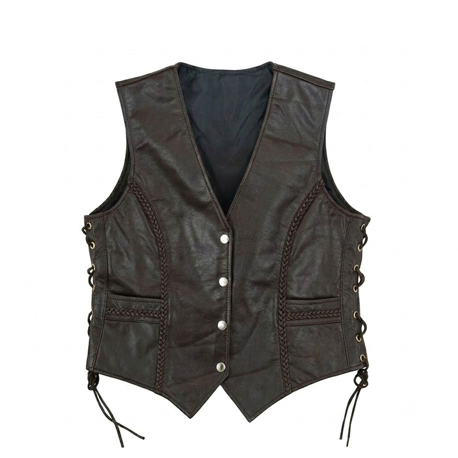 Women's dark brown braided leather biker vest front