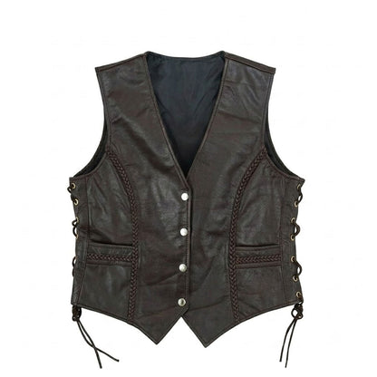 Women's dark brown braided leather biker vest front